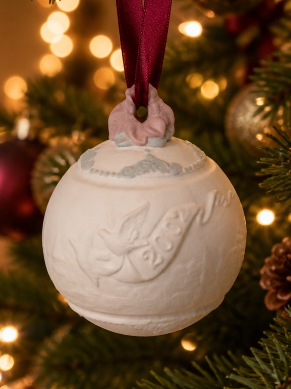 White Holiday Dove Ceramic Ornament with Burgundy Ribbon